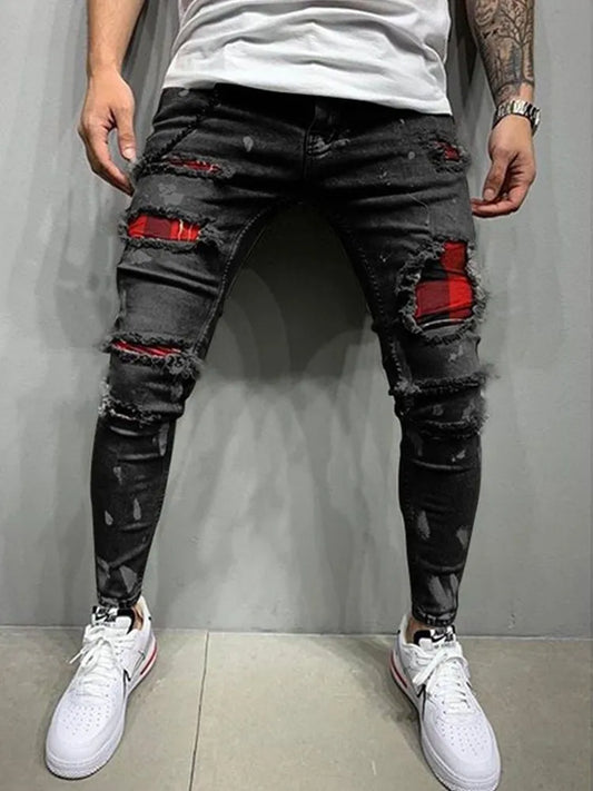 Men's Skinny Ripped Jeans Fashion Grid Beggar Patches Slim Fit Trousers
