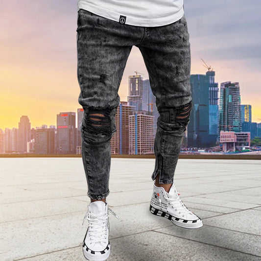 Black Skinny Ripped jeans Men Pants Pencil Biker Casual Jogger Long Pants
