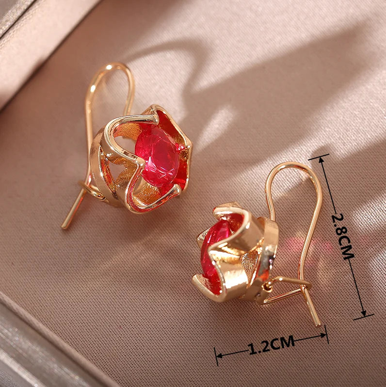 Vintage Gold Color Red Crystal Zircon Ear Earrings For Women