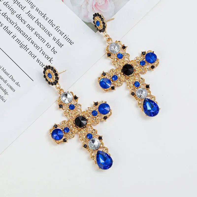 Vintage Black Pink Crystal Cross Drop Earrings for Women