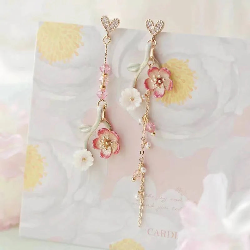 Classic Wine Red Flowers Tassel Earrings For Women