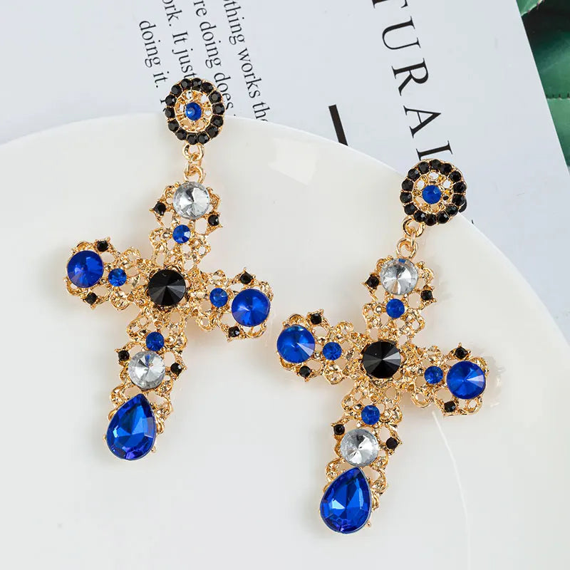 Vintage Black Pink Crystal Cross Drop Earrings for Women