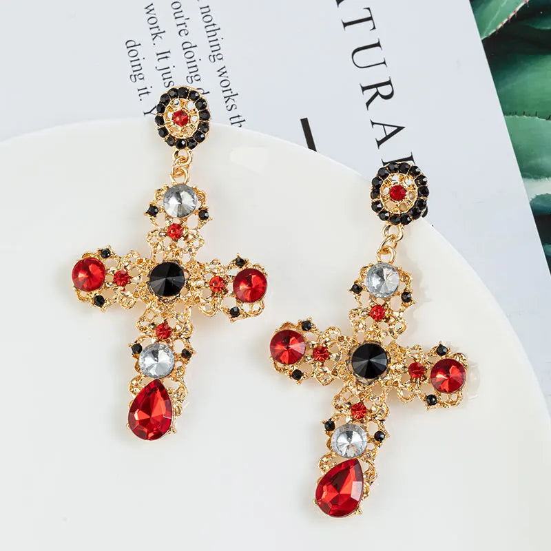 Vintage Black Pink Crystal Cross Drop Earrings for Women