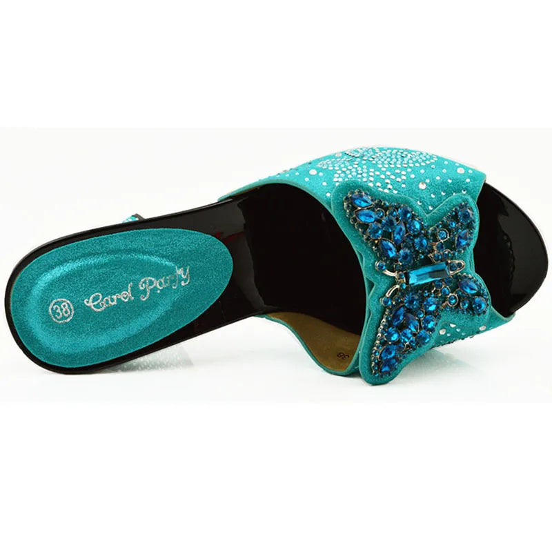 Ladies Shoe with Match Bag High Quality Women Heel Teal Color for Party