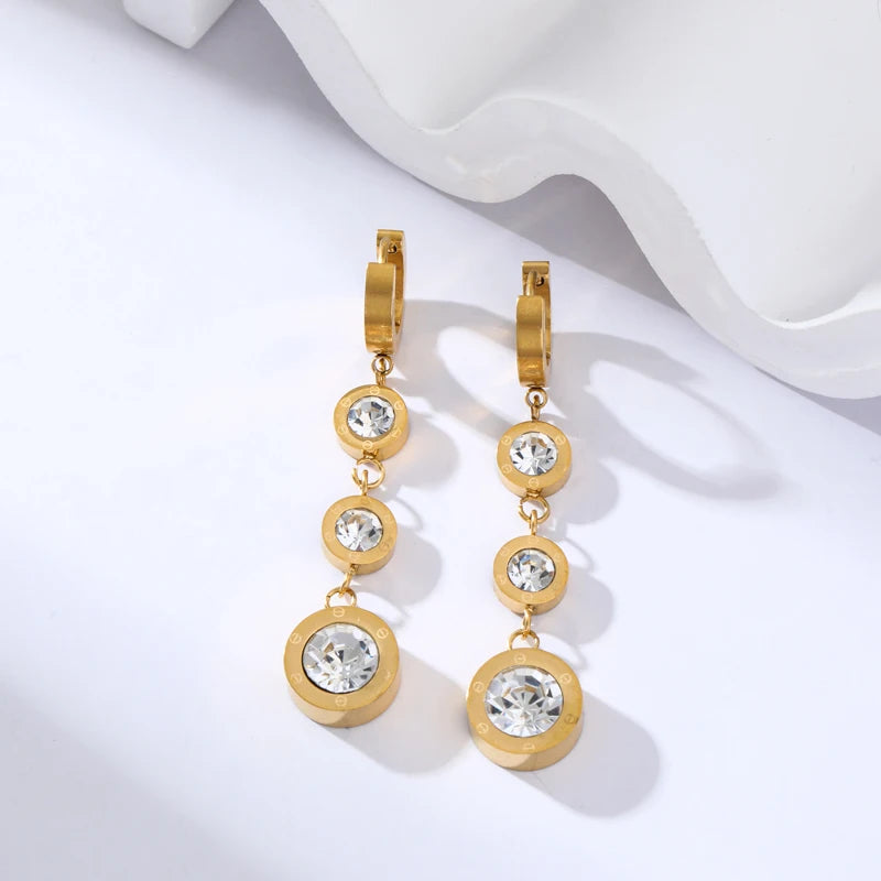 Stainless Steel Luxury White Zirconia Drop Earrings For Women