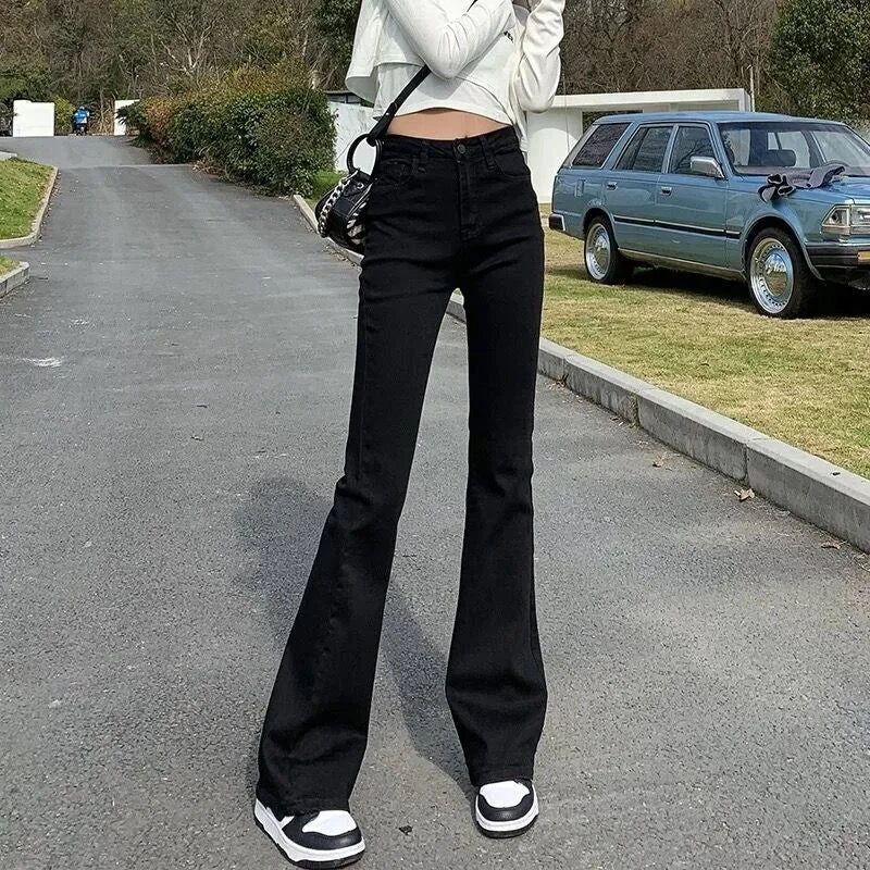 2024 Woman High Waist Vintage Flare Jeans Female Elastic Bell Bottom Pants Girls Black Brown Deep Blue Light Blue Denim Trousers