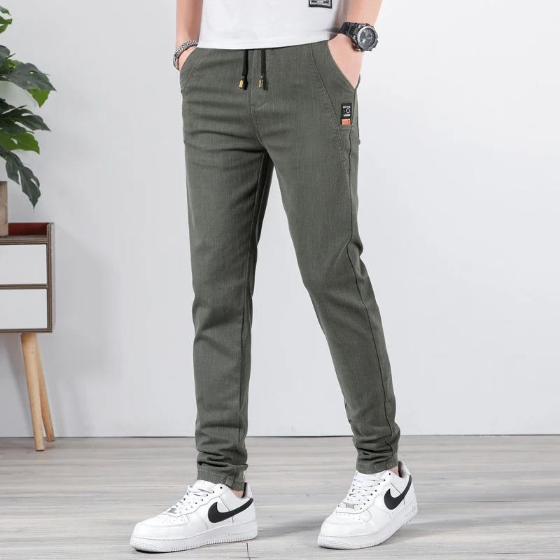Spring Summer Men Casual Pants Elastic Waist Design Straight Slim Trousers Korean Trendy Stretch Male Pants Brand Clothing