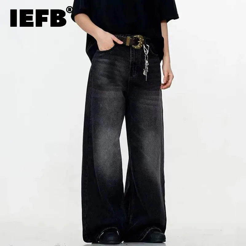 IEFB Simple Men's Denim Trousers Solid Color Washing American Style Casual Pants Straight Leg Baggy Male Jeans Spring 9W667