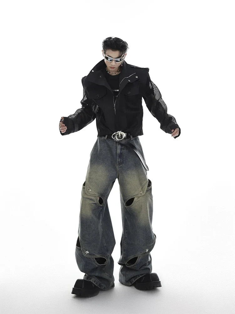 Wide Leg Jeans Pants Men Streetwear Baggy Distressed Denim Trousers