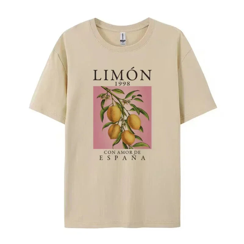 Lemon Fruit Print T-Shirts Cotton Women Graphic Tops Vintage Aesthetic Botanical Streetwear Shirt Cottagecore Clothes Oversized