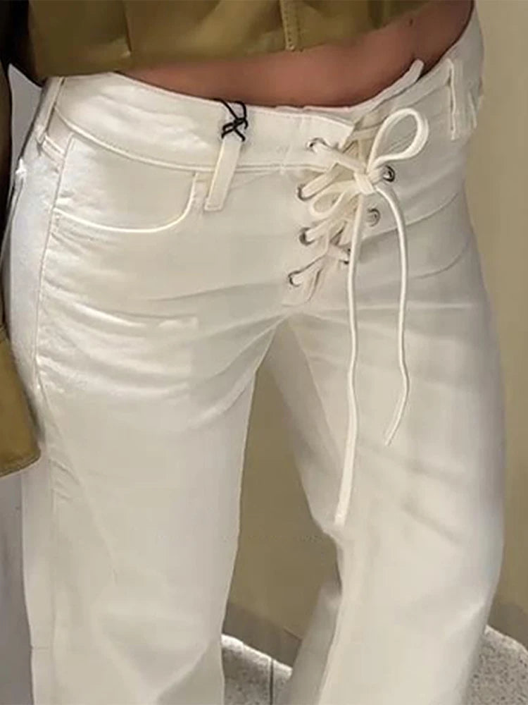 Drawstring Jeans Women Loose White Lace Up Pockets Low Waist Straight Long Pants 2025 Autumn Casual New Fashion Lady Streetwears