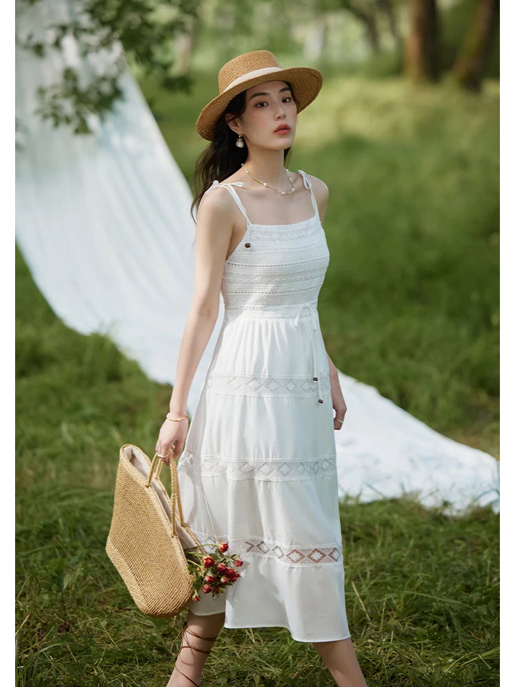 DUSHU French Romantic Lace High Waist Large Hemline Atmosphere Dress Summer 2023 New Dress White Women Casual Loose Dress