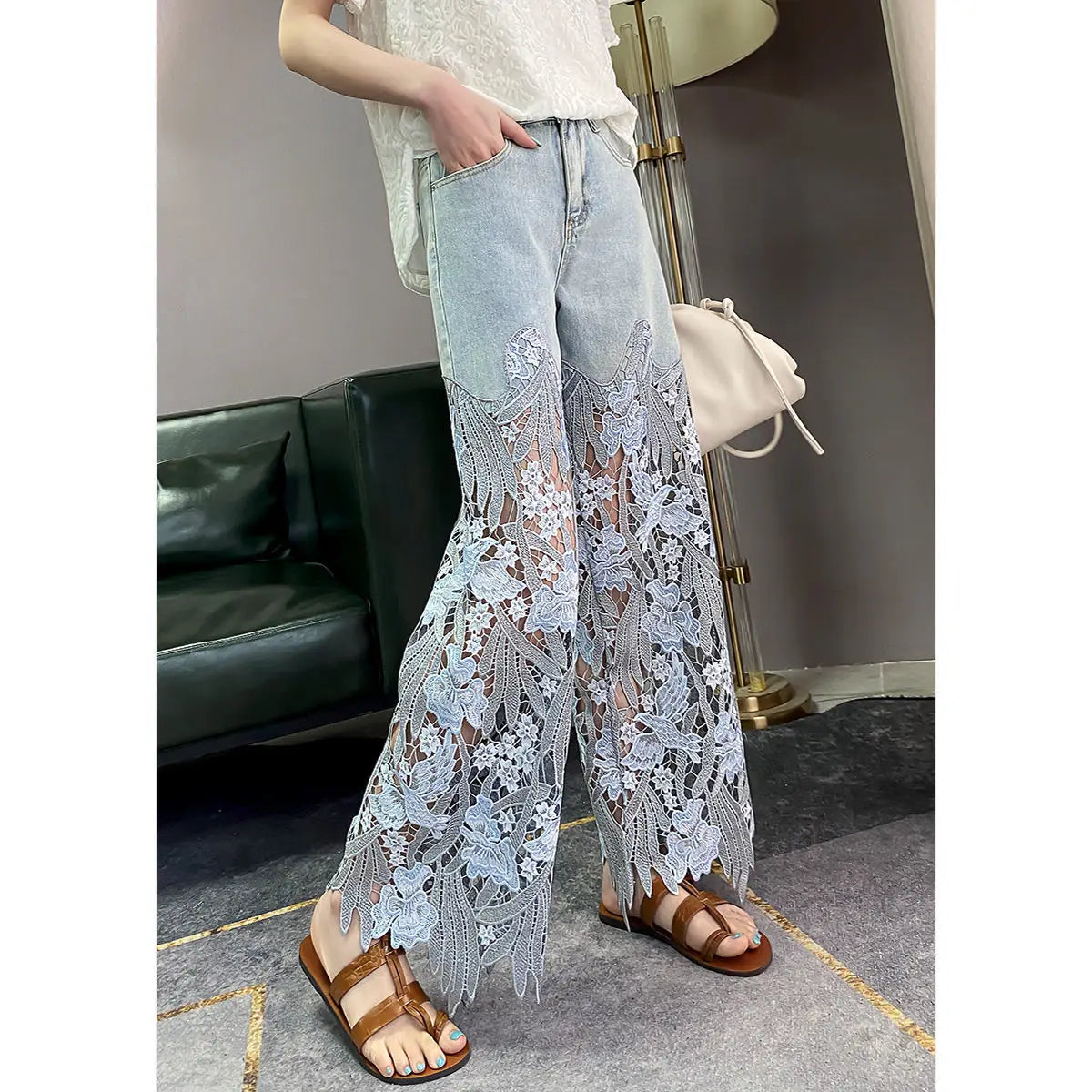 2023 Summer New Vintage Flower Hollowed-out Jeans Cool Pants Women's Pants Loose Street Casual Trousers