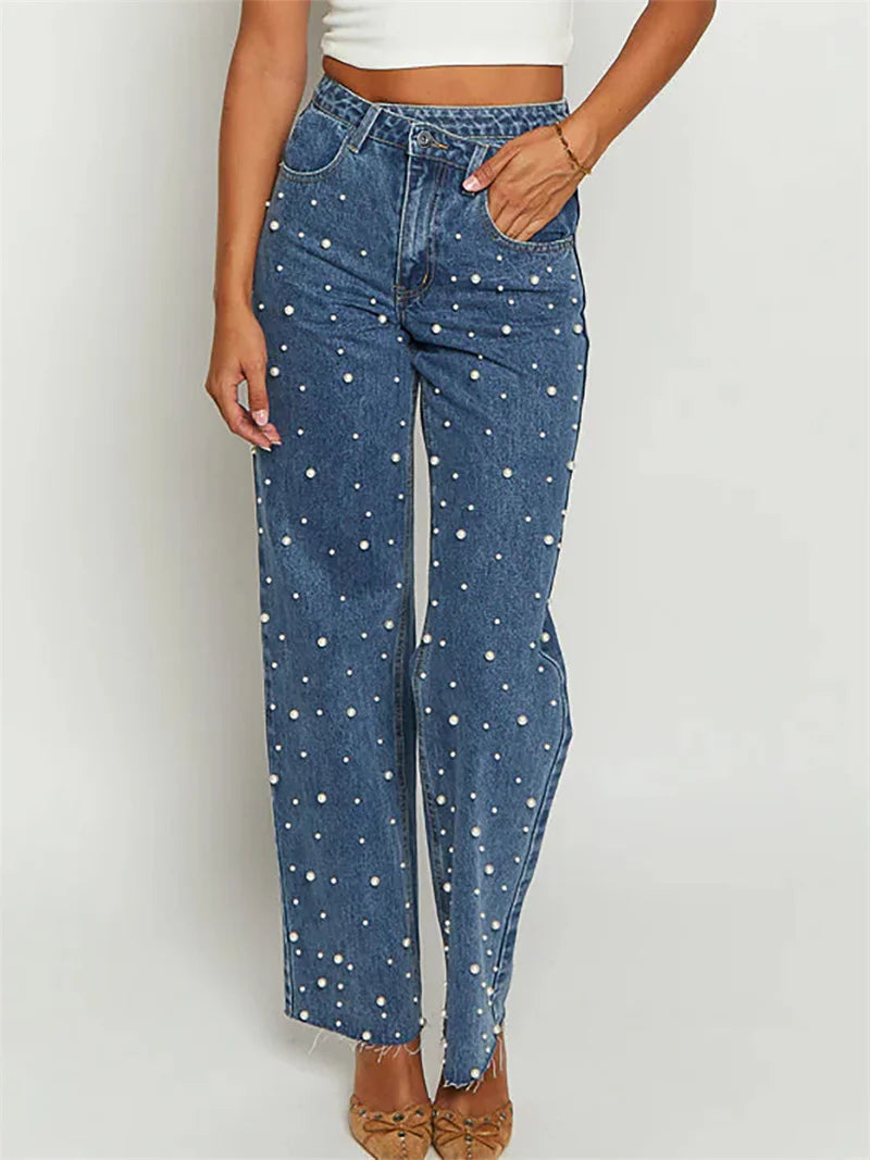 2025 Y2K Fashion Beading Vintage Denim Pants Women Loose Baggy Straight Jeans Female Casual Midi Waist Trousers Trend Streetwear
