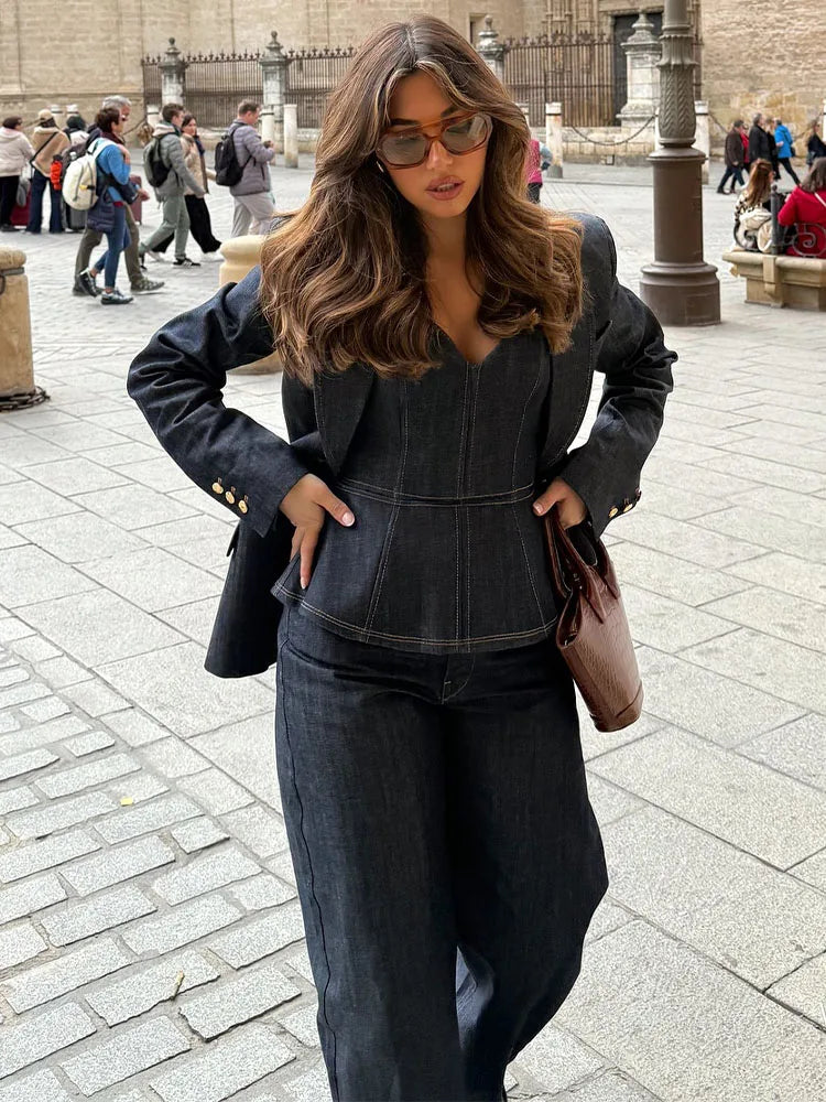 TRAFZA Spring New Denim Blazer Pant Suit Women Solid Single Breasted Coat+Elegant Office Lady Vintage Female Wide Leg Long Jeans