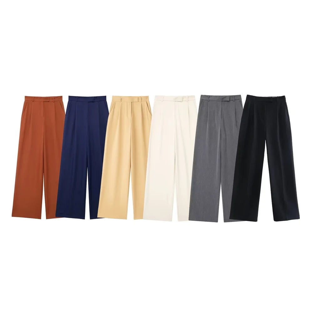 PB&ZA 2024 Women's New Straight Loose Pants for Professional Commuter Small Pleated High Waist Wide Leg Pants