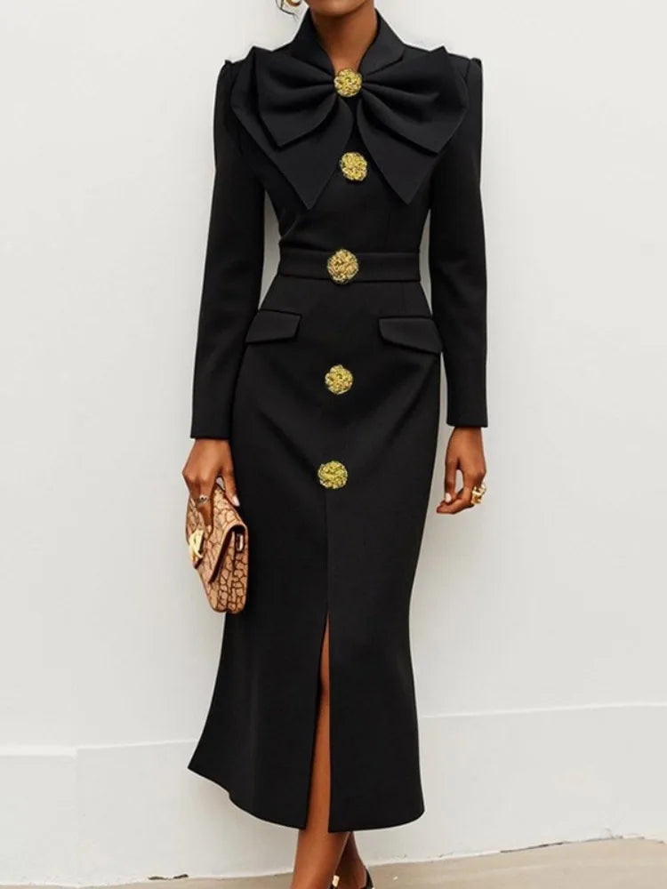 Bow Tied Buttoned Long Sleeve Slim Fit Ankle-length Dress