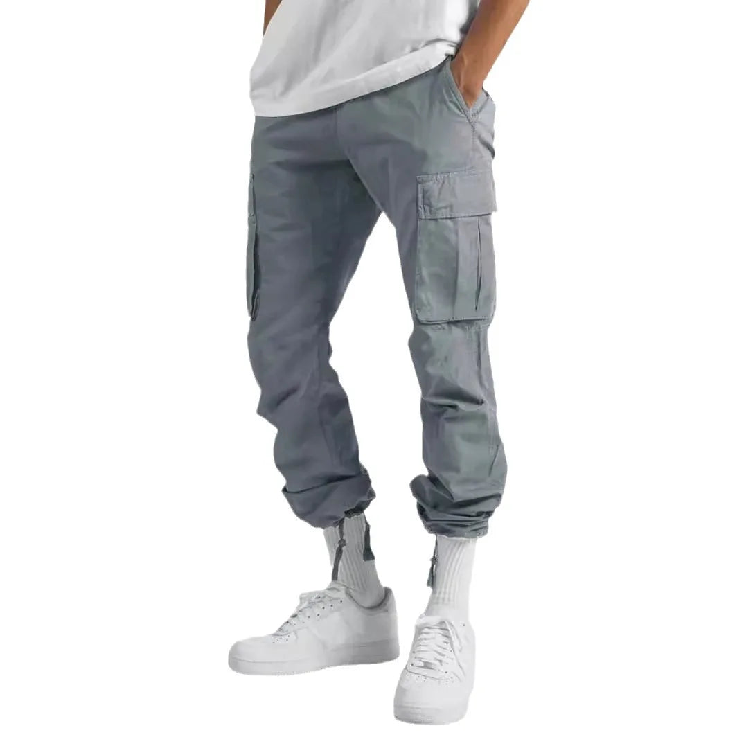 Cargo Pockets Casual Male High Elastic Waist Pocket Wide Leg Trousers