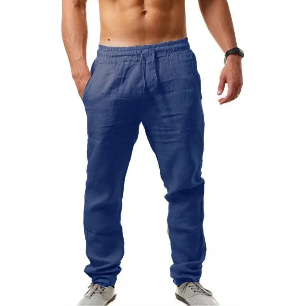 Men's Linen Pants Cotton Linen Long Pants Summer Casual Loose Drawstring