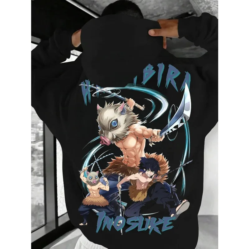Harajuku Japan Anime Demon Slayer Men Women Hoodies Plus Size Sweatshirt Retro Inosuke Hashibira Unisex Long Sleeve Pullover