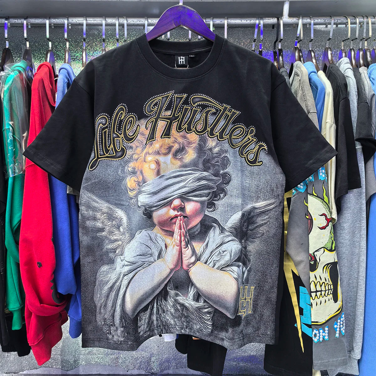 Masked Angel Shooting Arrows Diamond Cotton Short Sleeve Tshirts for Men and Women Crew Neck Loose Summer T-shirt Oversized Tees