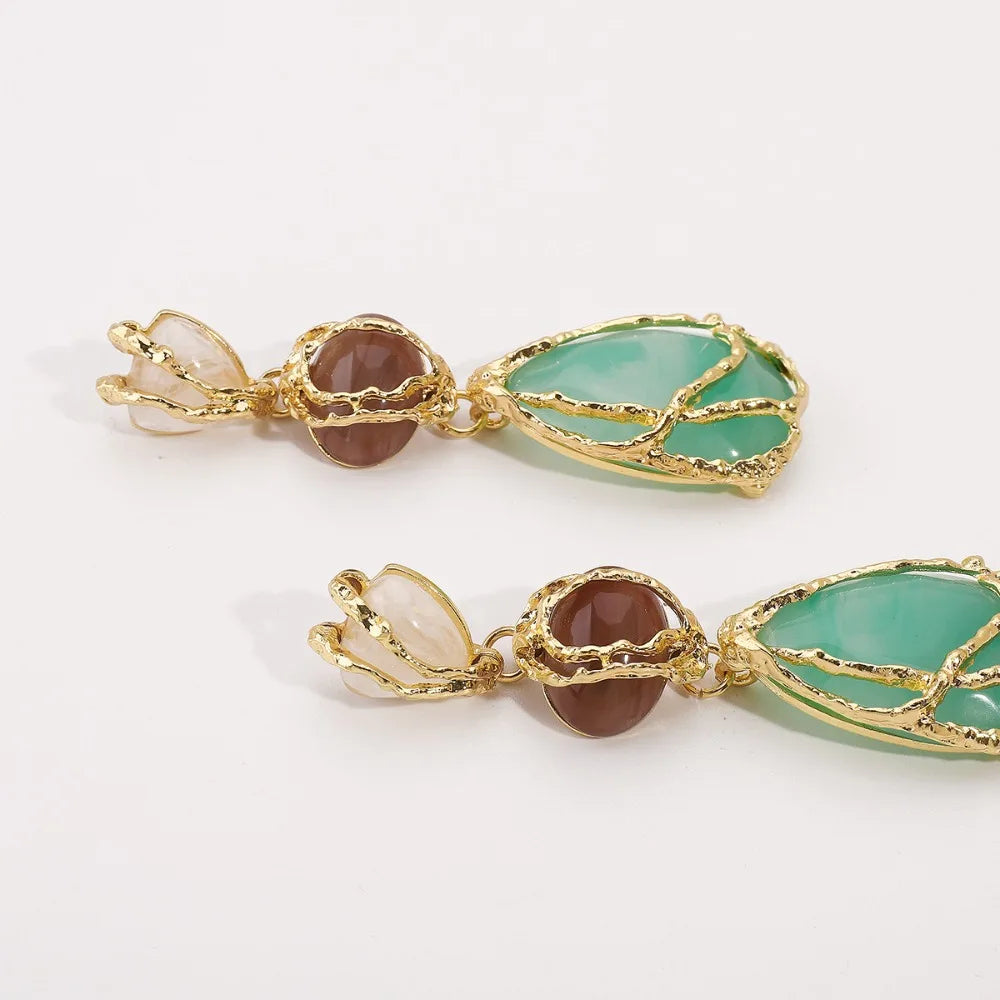 Trendy Geometric Green Stone Resin Dangle Earrings for Women