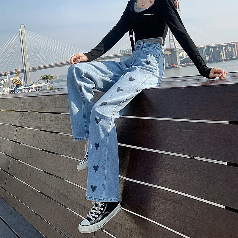 2024 New Style High-waisted Slimming Wide-leg Jeans Women's Straight-leg Loose-fit Heart Embroidery Draped Trailer Pants