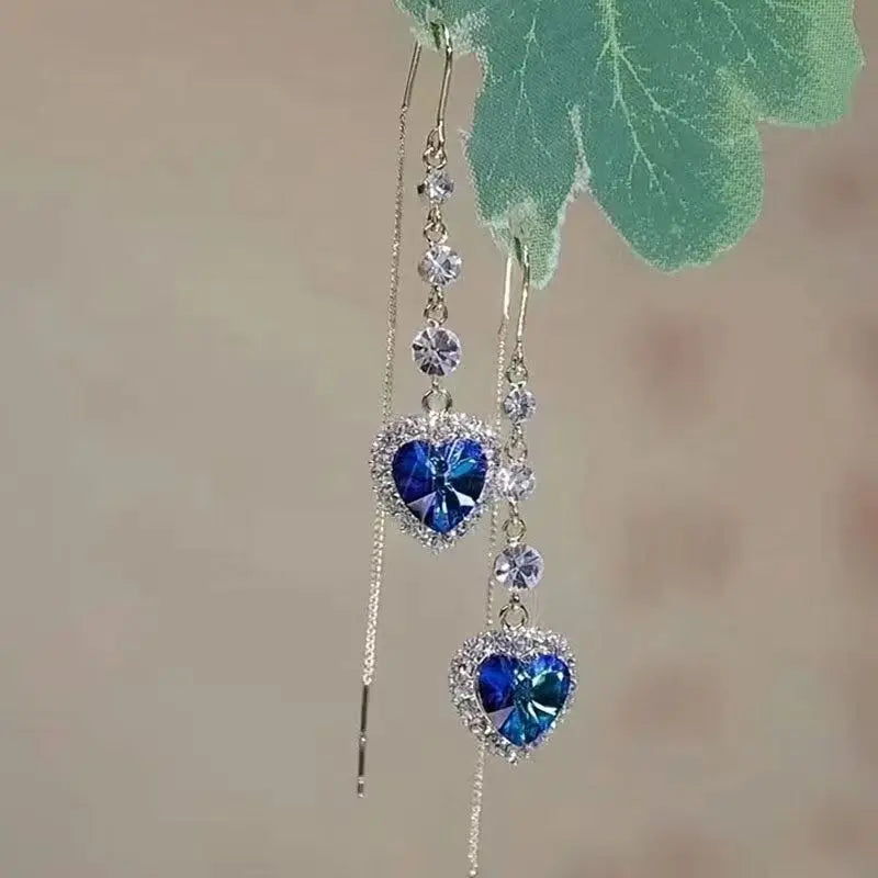 Exquisite Blue Heart Shaped Zircon Long Tassel Earrings for Women