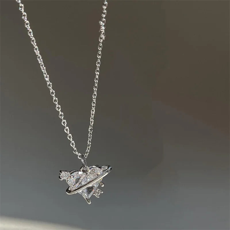 Y2K Pink Planet Heart Zircon Pendant Necklaces For Women