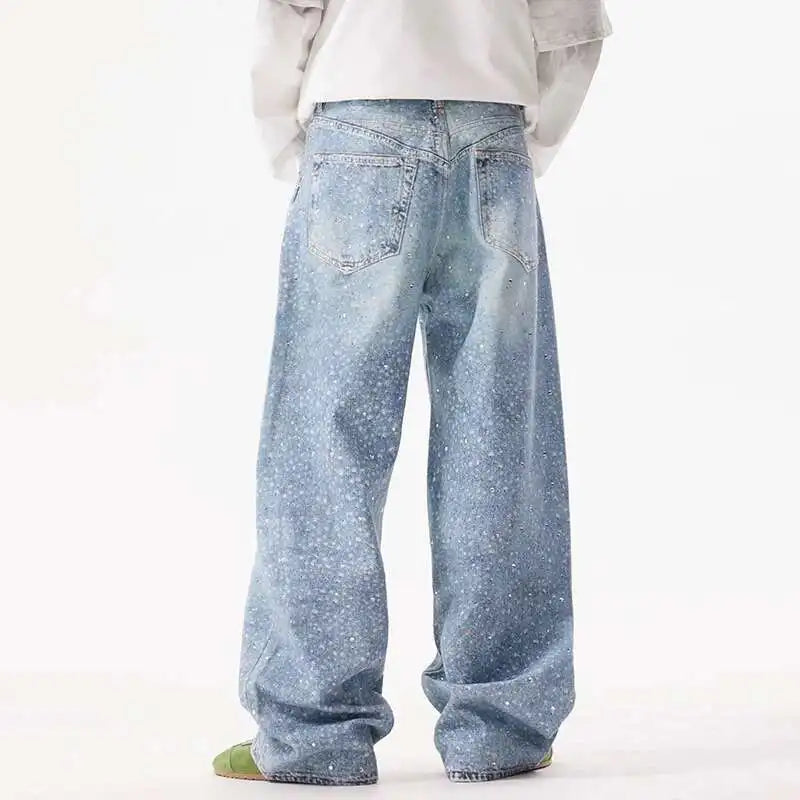 PFNW American Rhinestone Printed Design Vintage Jeans Men's Streetwear Hip Hop Mens Clothing Loose Wide Leg Pants Trendy 28W4644