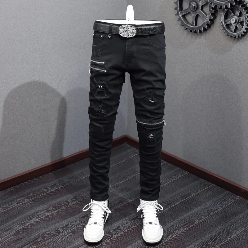 Men Jeans Black Stretch Skinny Punk Trousers Elastic Ripped Jeans