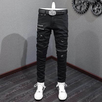 Men Jeans Black Stretch Skinny Punk Trousers Elastic Ripped Jeans