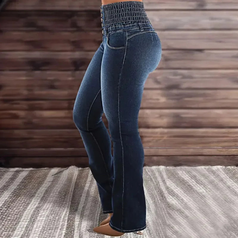 2025 Spring Jeans Womens High Waist Elastic Buttons Denim Long Flare Pants Lady Butt-lifted Breathable Plus Size Basic Trousers