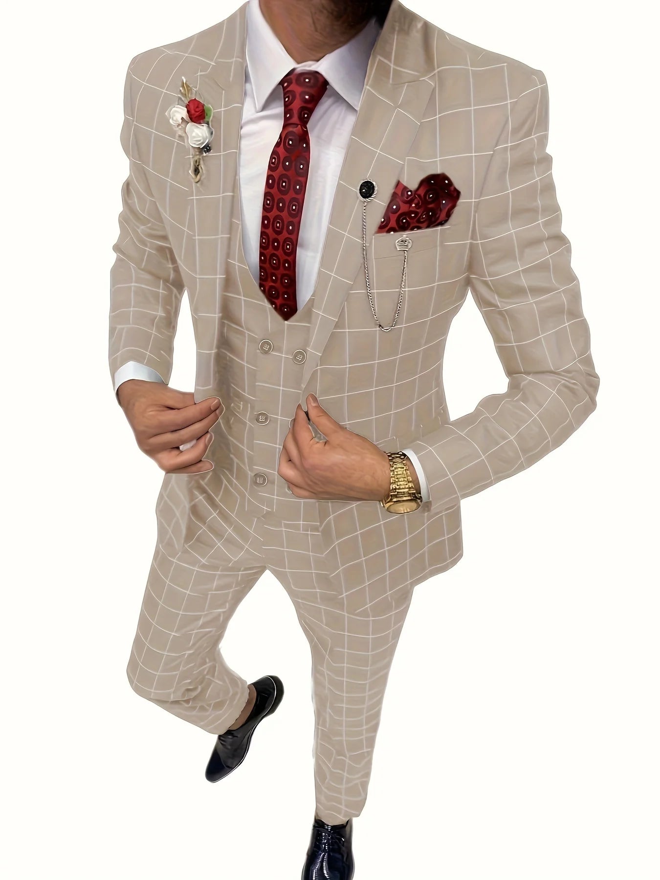 Elegant Men's Suit 3 Pieces Plaid Tuxedos