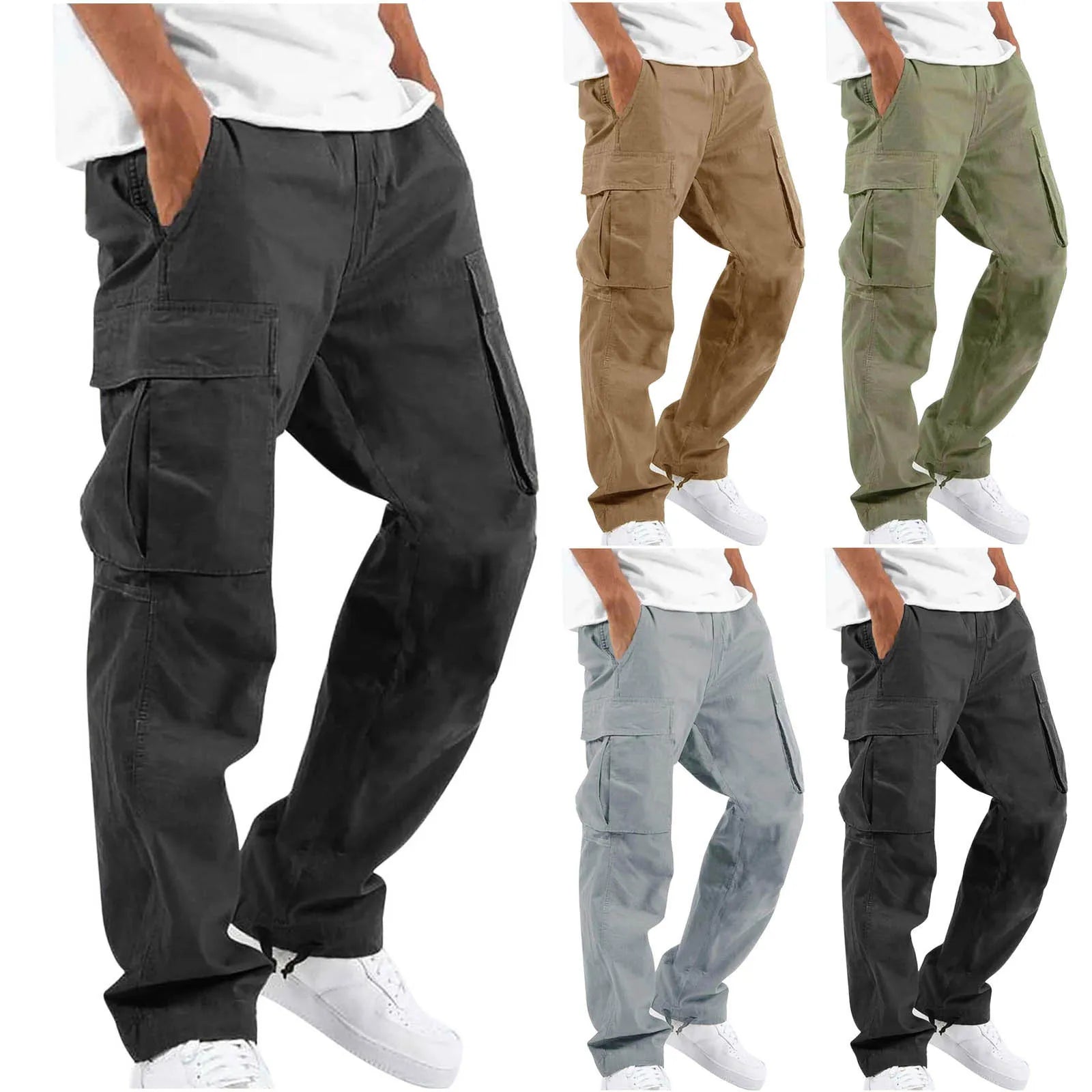 Cargo Pockets Casual Male High Elastic Waist Pocket Wide Leg Trousers