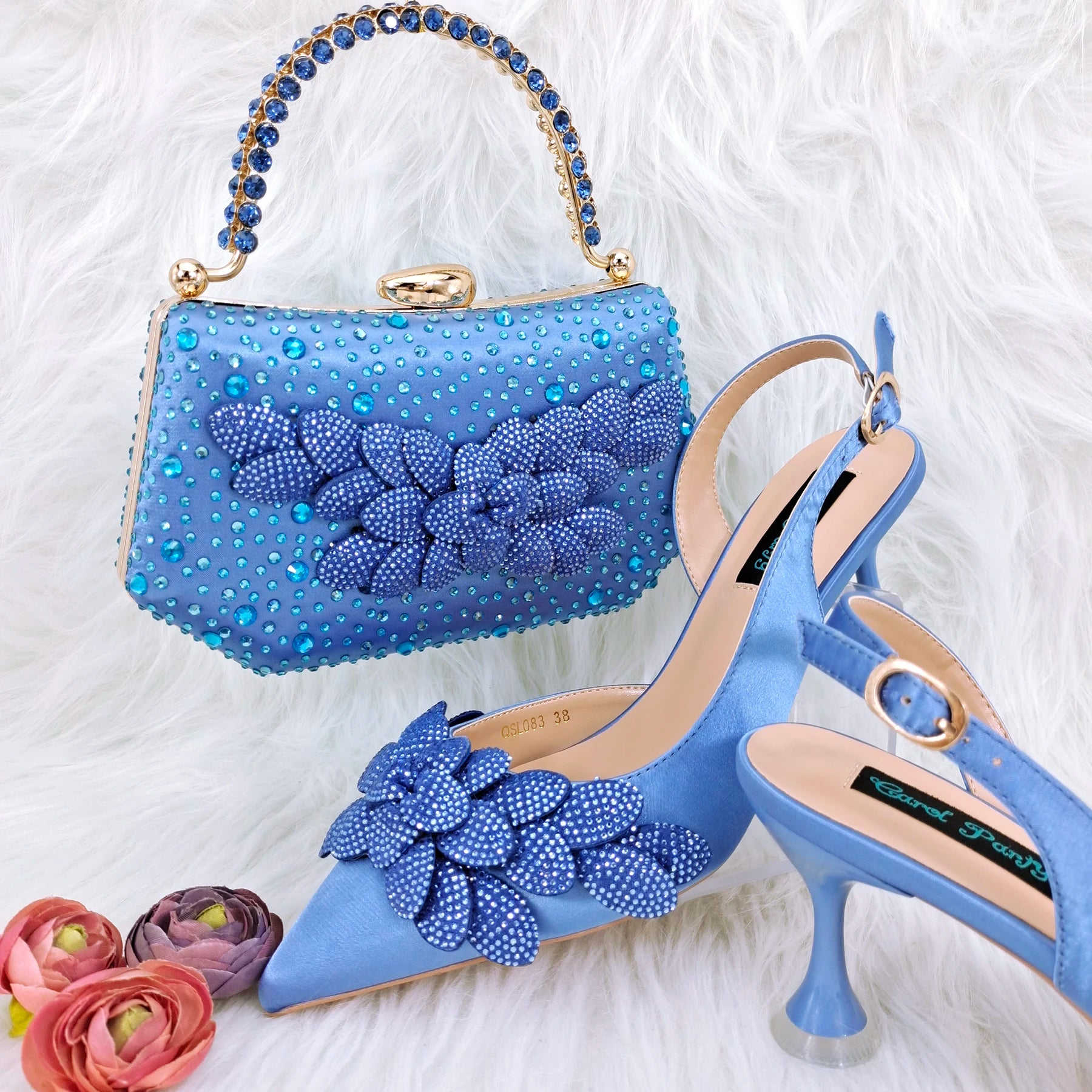 Handmade Garland Gag and Shoes Pointed Toe Pumps Crystal Handle Clutch