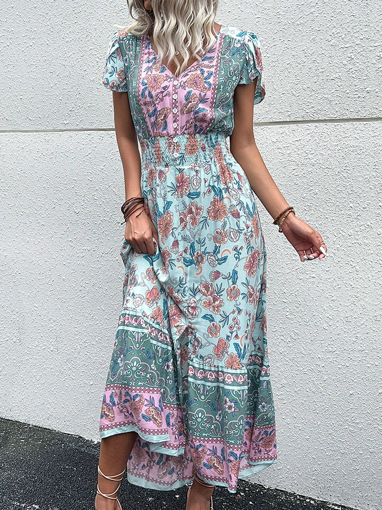 JIM & NORA Vintage Floral Boho Printed Vestidos Women Short Sleeves V Neck Slit Midi Dresses A Line Bohemian Summer Beach Dress