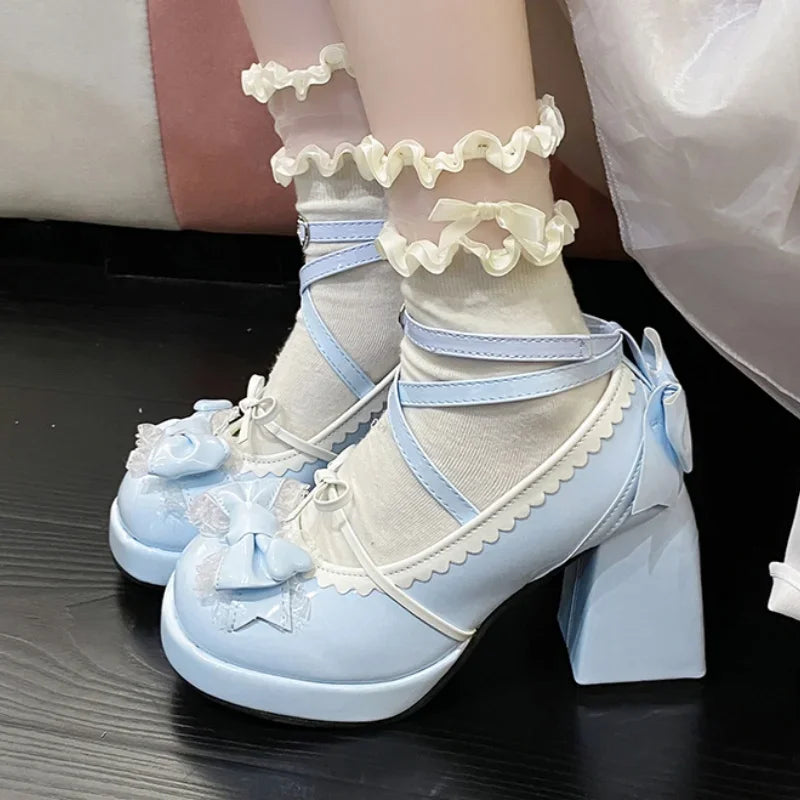 Spring/Autumn New Style Round Toe Square Heel Increased Fashion Elegant High Heel Women's Shoes Bow Decorated Mary Jane Shoes