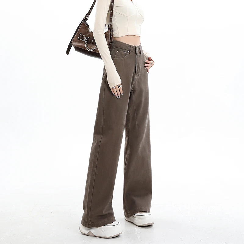 Baggy High Street Fashion Straight brown Jeans for Women's Y2k High Waist Female Clothing Solid Color Casual Wide Denim Trousers