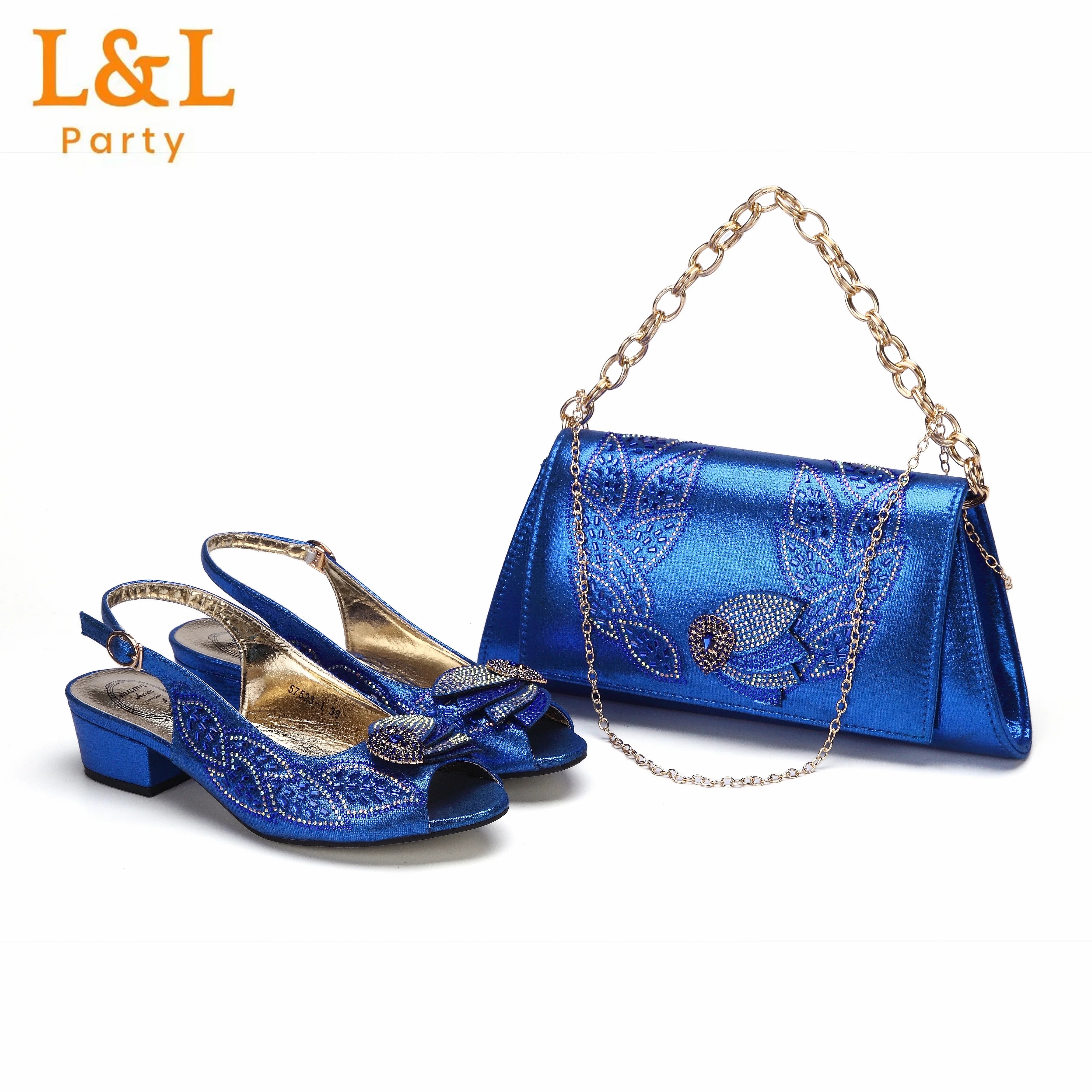 Low Heels Pumps Matching Hand Bag in Champagne Color High Quality for Wedding