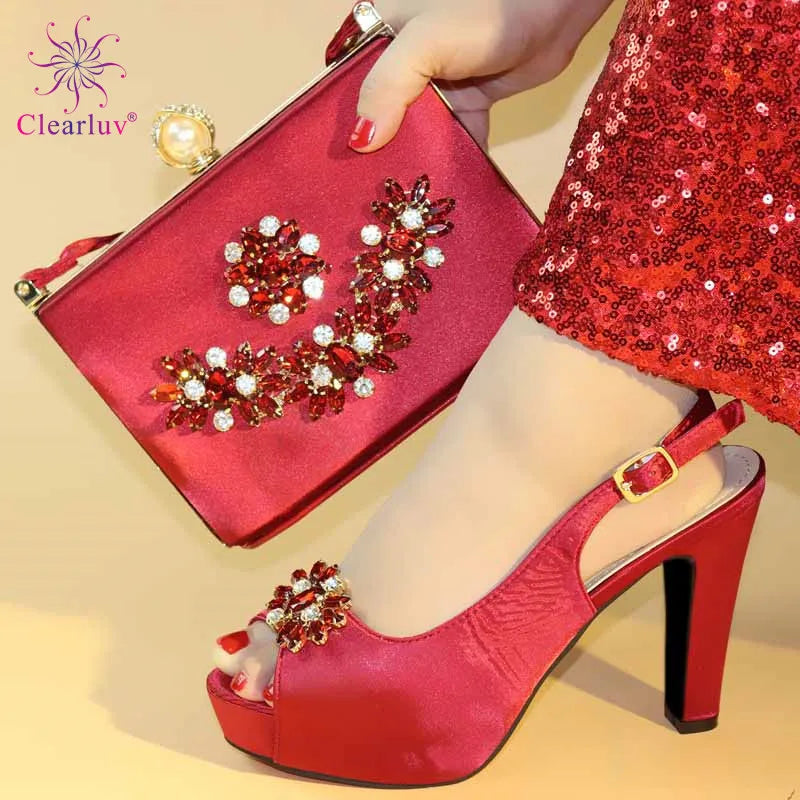 Party Pumps Shoes and Bag Set Decorated with Rhinestone