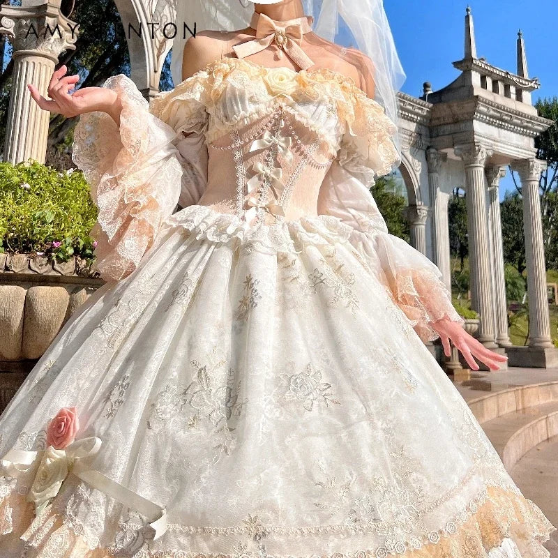 Haute Sense Heavy Industry Lolita Dress Female Sweet Off-Shoulder Lace Stitching Multi-Layer Dresses Birthday Dress for Women