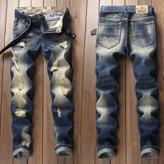 Denim Jeans Straight Scratches Fashion Men's Pants Fit Large Size