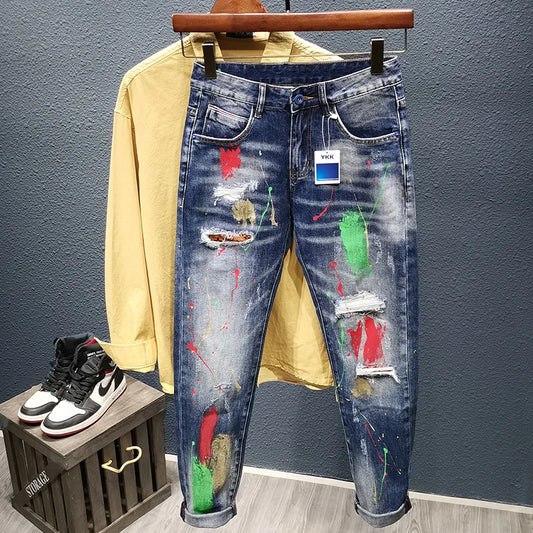 Men's Jeans Fashion Spray Paint Ripped Hole Personality Hip-hop Streetwear