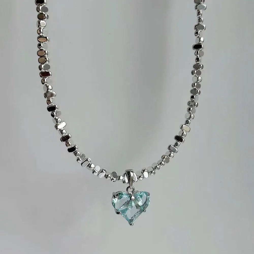 Irregular Beads Chain With Crystal Heart Pendant Necklace for Wome