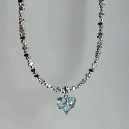 Irregular Beads Chain With Crystal Heart Pendant Necklace for Wome