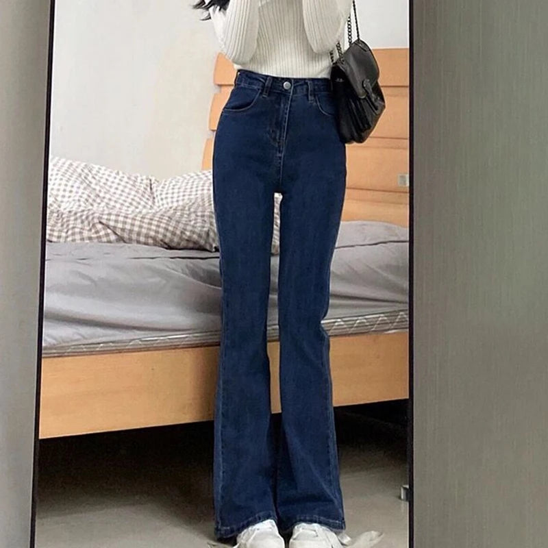2024 Woman High Waist Vintage Flare Jeans Female Elastic Bell Bottom Pants Girls Black Brown Deep Blue Light Blue Denim Trousers