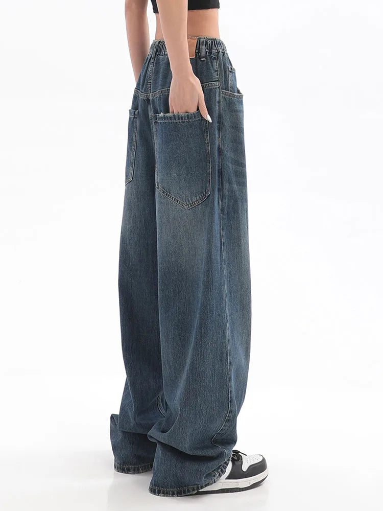 2025 Women American Vintage Baggy Jeans Elastic Waist Oversized Long Trouser Denim Pant Wide Leg Streetwear Straight Basic Daily