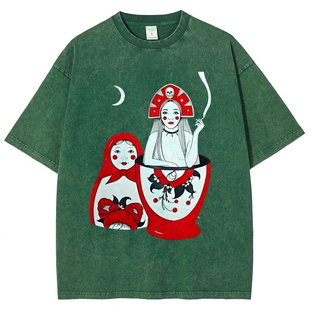 Russian Doll Pattern, Cute Style, Y2k Graphic Tee, Women's Oversized T-Shirt, Cute Hand-Painted Bunny, Korean Style Art, Summer