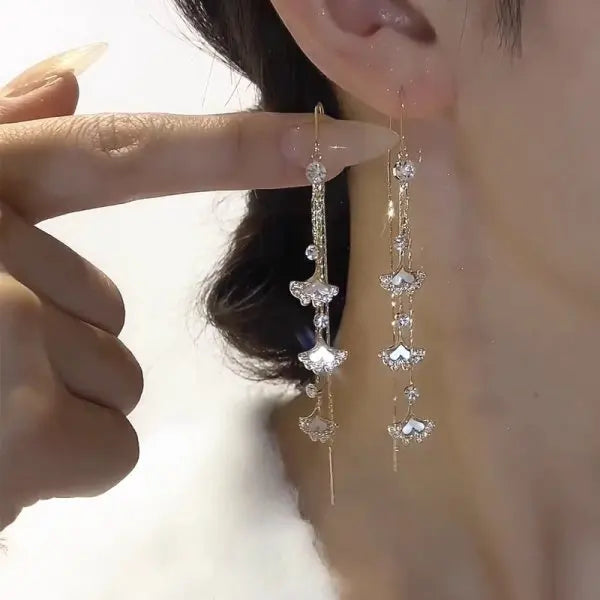 Gold Plated Crystal Leaf Tassel Drop Earrings for Women
